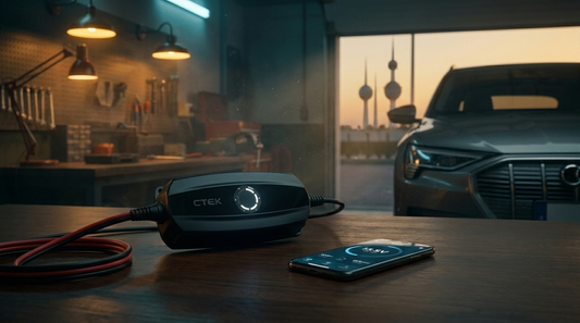 CTEK CS One battery charger in a Kuwait garage at dusk
